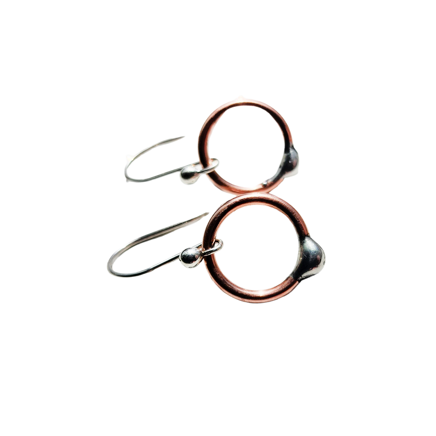 Handmade Small Copper Open Hoops with Sterling Silver Ear Wires .925. Truly hand made in USA by Louisiana artisan at Bayou Glass Arts studio.
