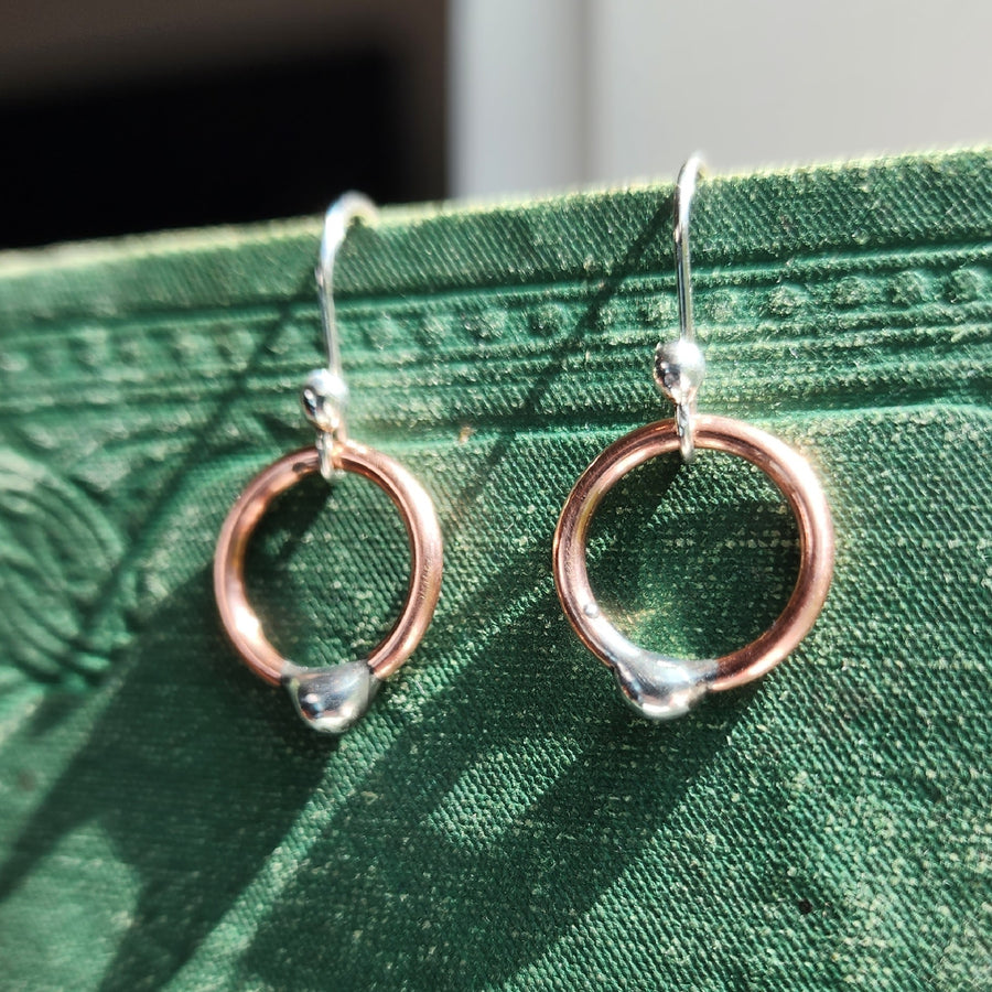 Small Handmade Copper Open Hoop earrings with .925 Sterling Silver ear wires. Truly hand made in USA by Louisiana artisan at Bayou Glass Arts studio.