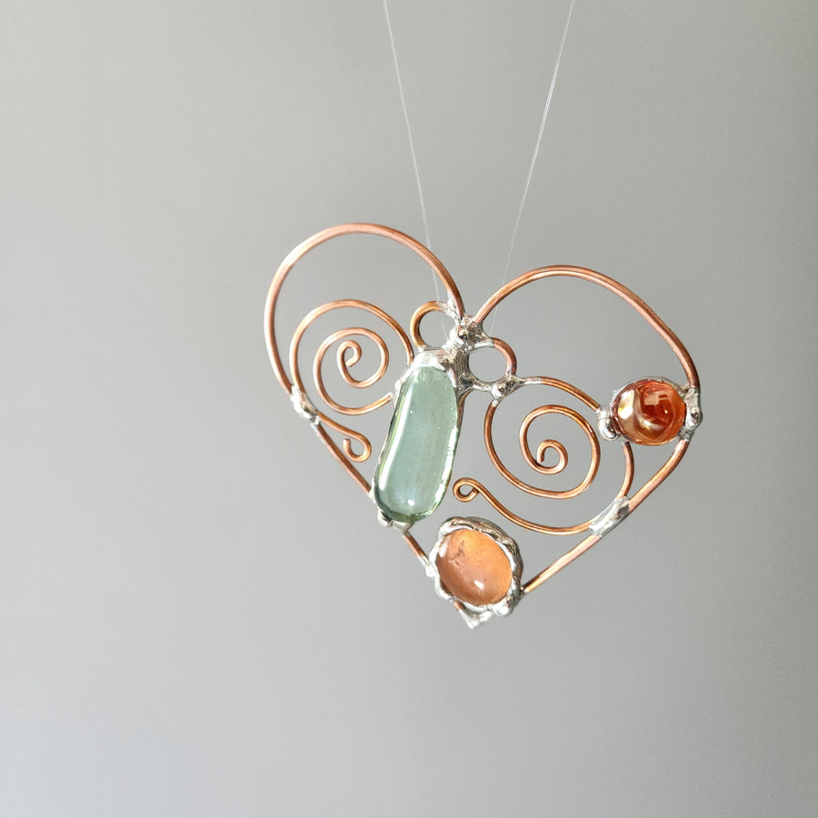 Heart sun catcher, hand soldered with glass insets. Stained glass technique. No lead solder.