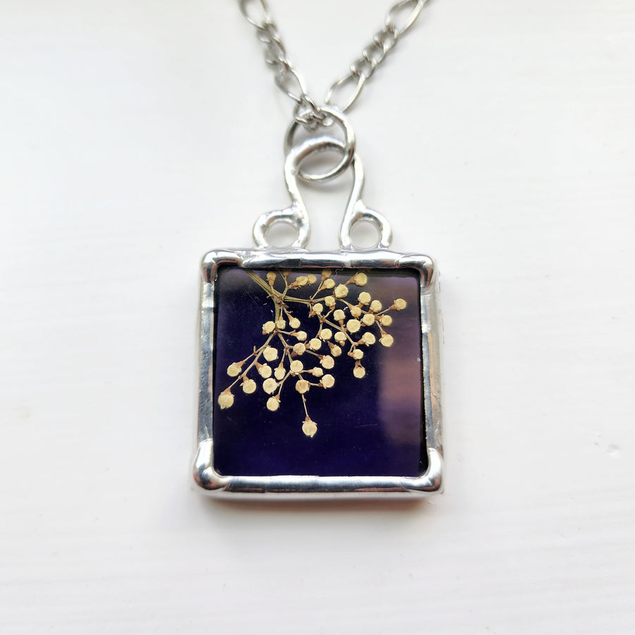 Stained Glass Pressed Flower Pendant Necklace with Real Dried Yarrow