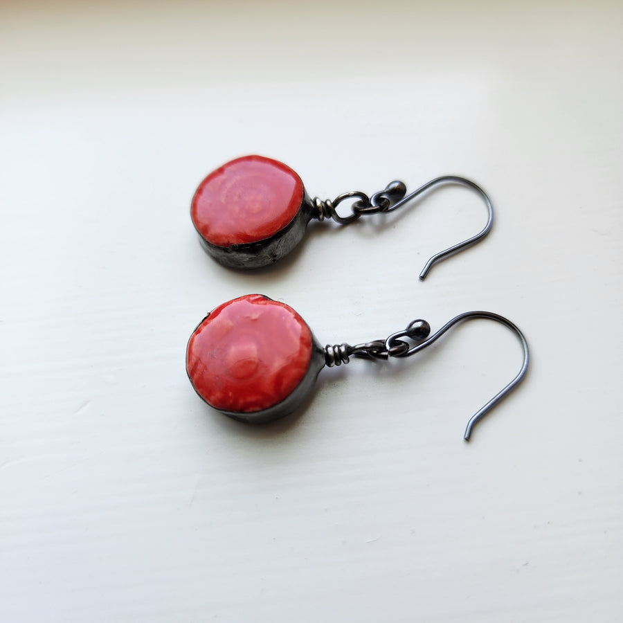 Cherry Red Ceramic Drop Earrings with Hand Formed Sterling Ear Wires
