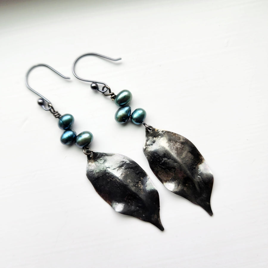 Fresh Water Pearls with Dark Silver Leaf Earrings