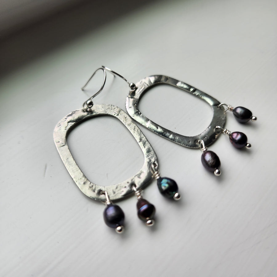 Organic Square with Black Fresh Water Pearl Earrings