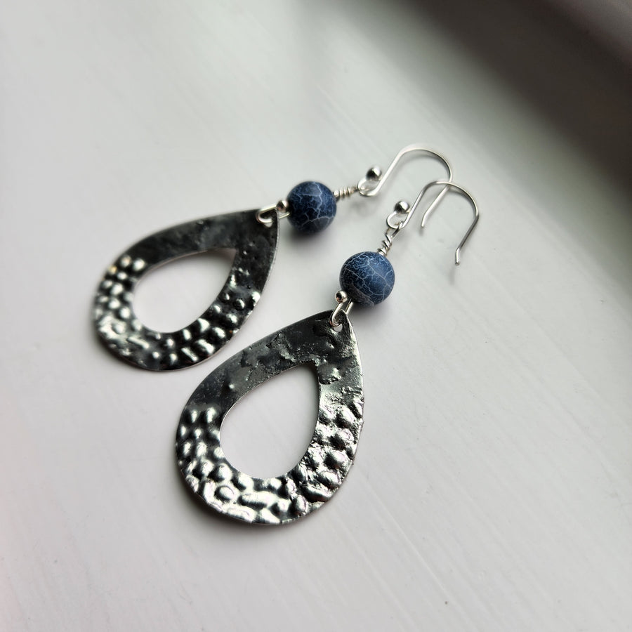 Textured Tear with Matte Blue Bead Earrings