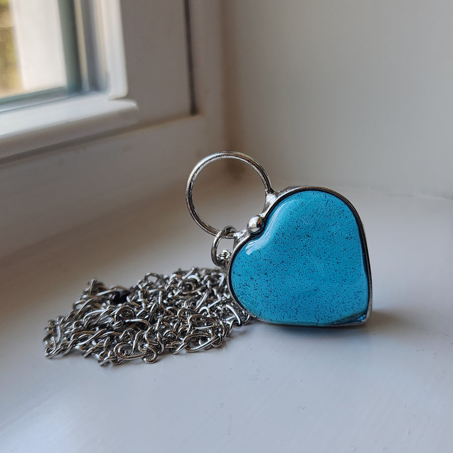 Turquoise Blue Chunky Glass Heart Pendant Necklace