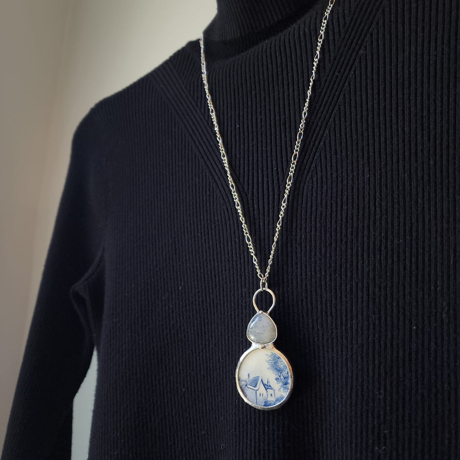 Broken China and Moonstone Pendant Necklace
