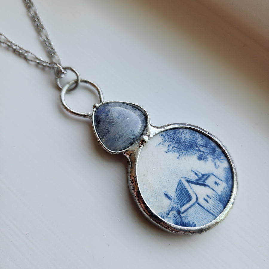 Broken China and Moonstone Pendant Necklace