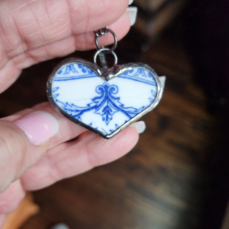 Broken Delft Blue China Heart Necklace