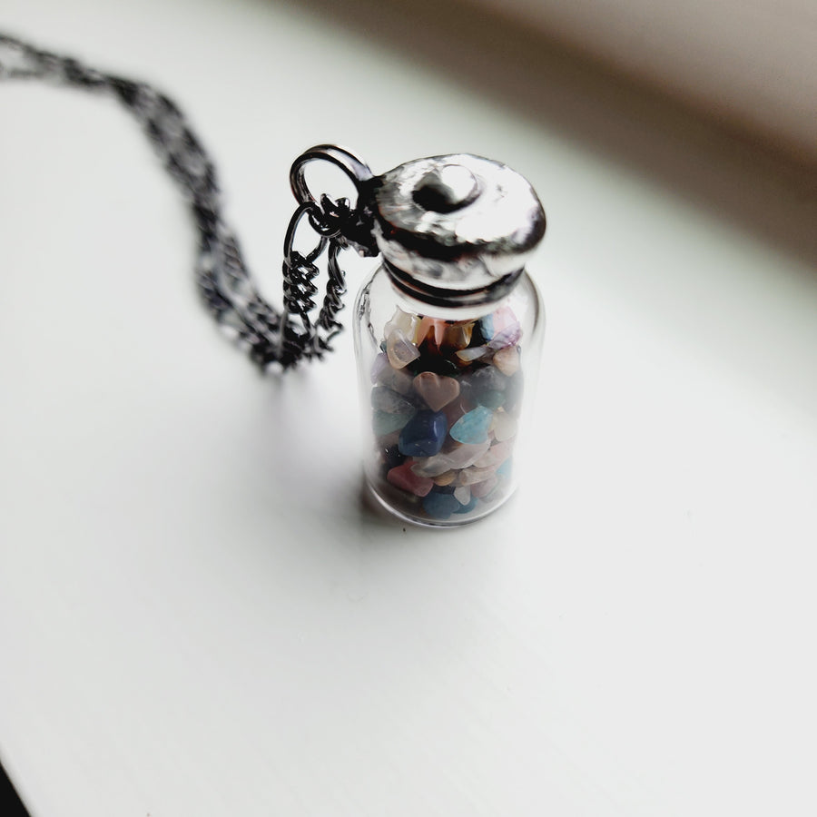 Tiny Polished Gemstones in Vintage Glass Bottle Necklace