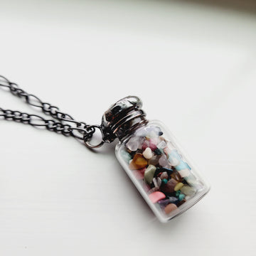 Tiny Polished Gemstones in Vintage Glass Bottle Necklace