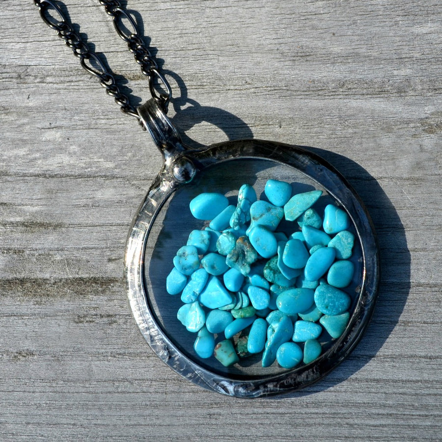 Statement Necklace, Turquoise in Pocket Watch Crystals, Unique Jewelry