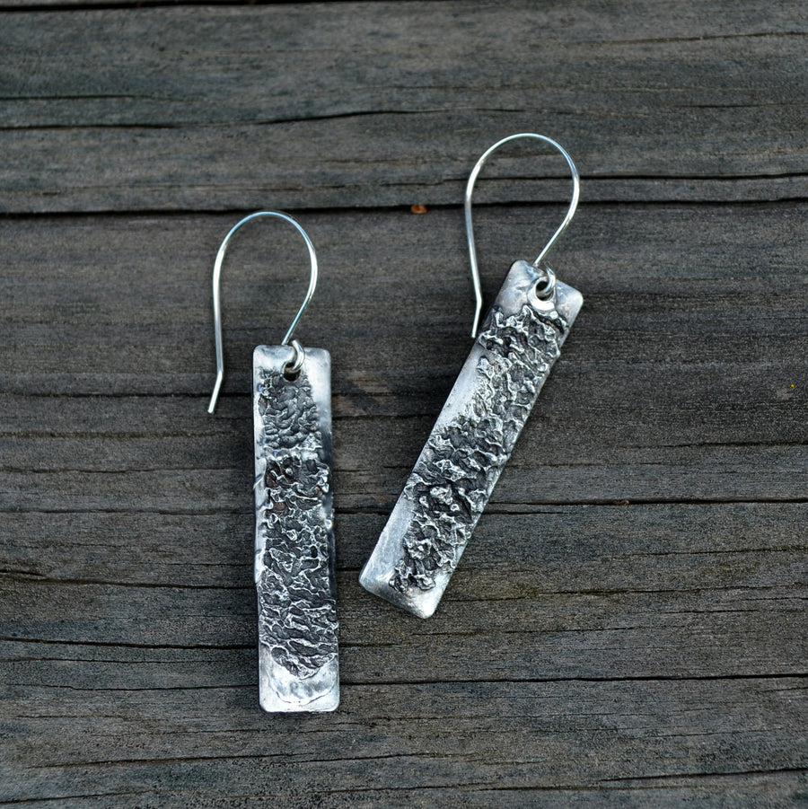 Rectangle tag earrings with Sterling silver ear wires.  Handmade in silver finish. Looks like a Skyscraper building.Truly Hand Made in USA by Louisiana Artisan at Bayou Glass Arts Studio. Chain is quality plated fully adjustable Figaro style. All are 100% handmade from metals that contain NO lead, cadmium, zinc or nickel.
