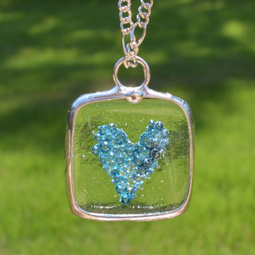 blue heart in fused glass square pendant aqua love necklace. Quality plated fully adjustable figaro chain. Great gift for women Mom Sister friend wife girlfriend BFF