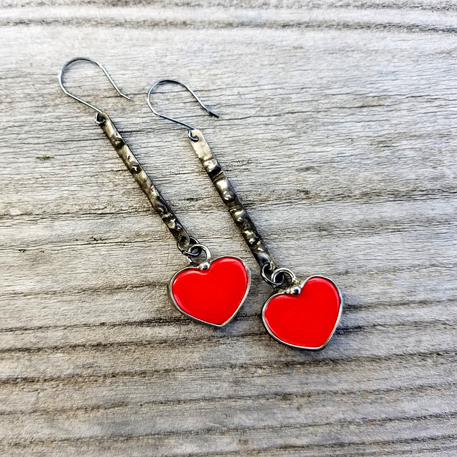  Handmade red ceramic heart dangle long earrings have lots of fun movement. Truly hand made in USA by Louisiana Artisan at Bayou Glass Arts Studio.