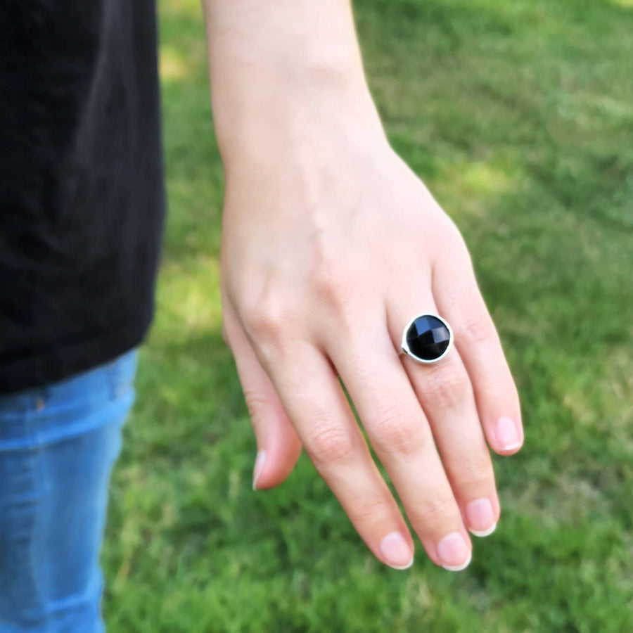 Hand Crafted Black Glass Faceted Ring on adjustable Sterling Silver Band. Hand made in USA by Louisiana Artisan at Bayou Glass Arts Studio.
