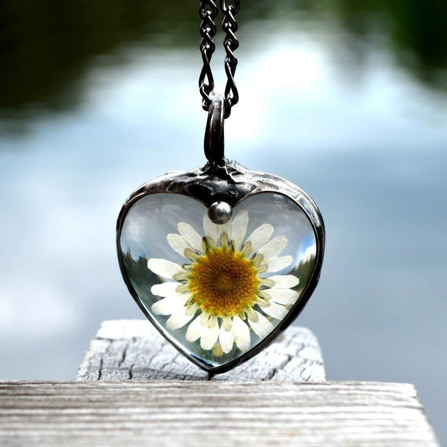 Give her flowers that will not wilt and die. Daisy Heart Pendant. Pressed Flower Jewelry in Glass. Truly Hand Made in USA by Louisiana Artisans at Bayou Glass Arts Studio.