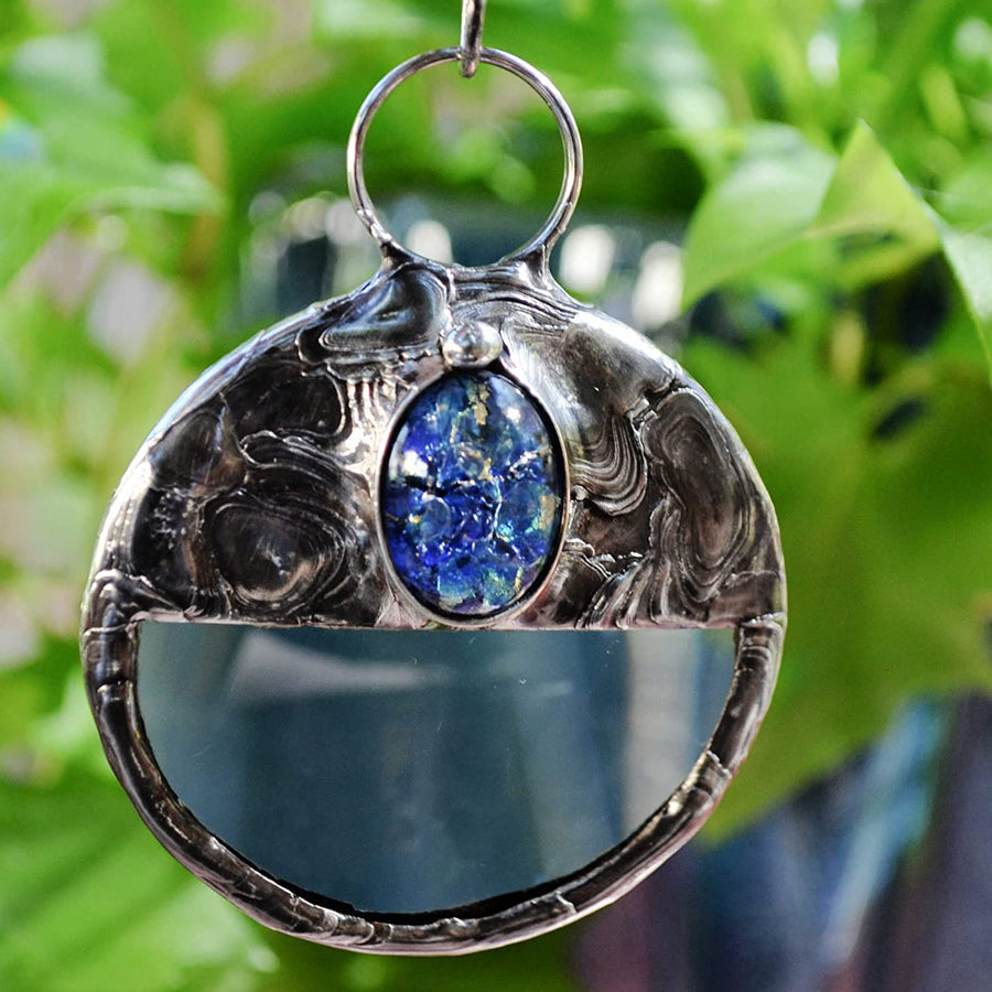 Magnifier pendant necklace with blue opal inset handmade by Louisiana Artisans at Bayou Glass Arts