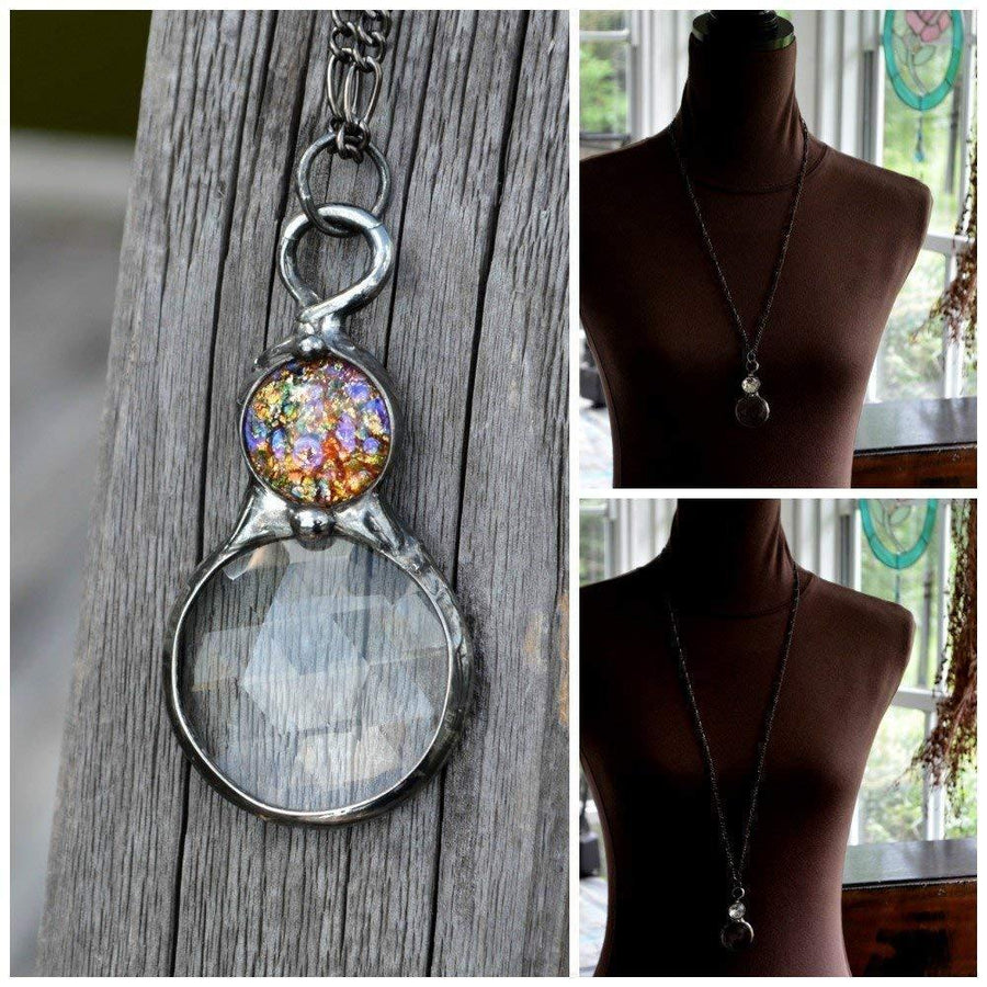 Bust comparing chain length of Handmade Kaleidoscope Pendant Necklace with multicolored opal inset. Jewelry Created in USA