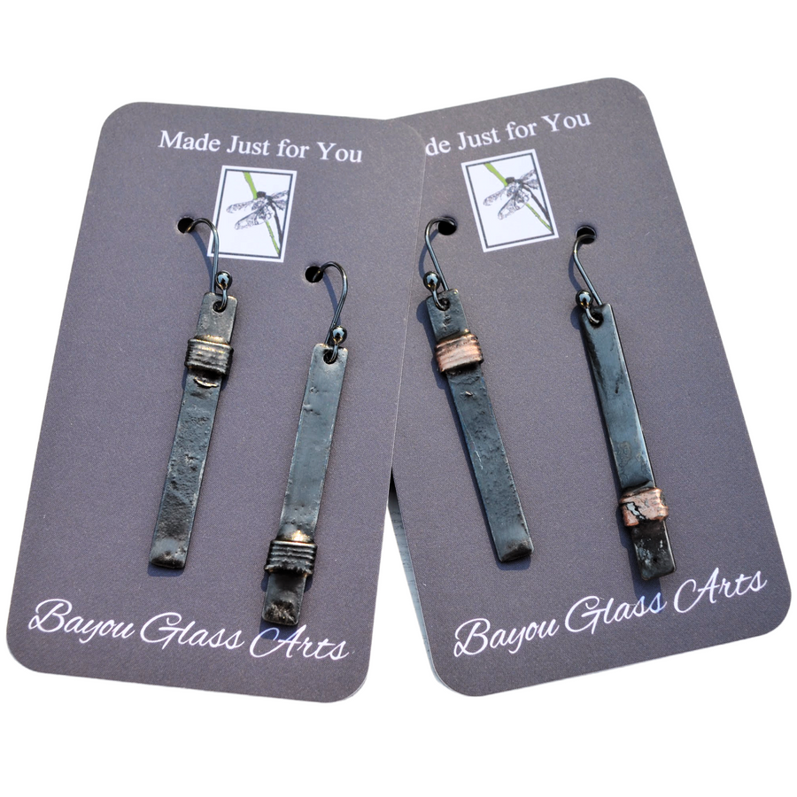 Mixed metal asymmetrical bar earrings, hand formed oxidized sterling silver ear wires, Best for everyday wear. Truly hand made in USA by Louisiana Artisans at Bayou Glass Arts Studio.