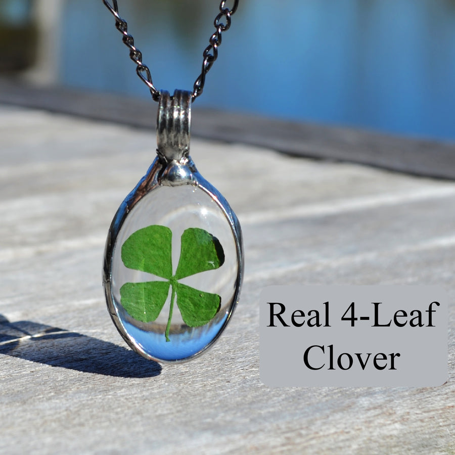 Oval Four Leafed Clover Pendant Necklace. Handmade in USA by Louisiana artisan at Bayou Glass Arts studio.