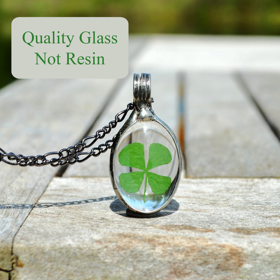 Oval Four Leafed Clover Pendant Necklace. Made of quality glass not resin.Handmade in USA by Louisiana artisan at Bayou Glass Arts studio.