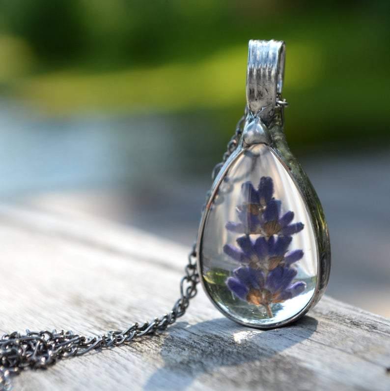 lavender flower necklace Handmade Lavender Pear Shaped Necklace
