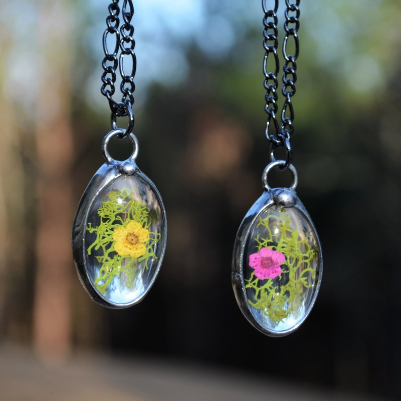 Cottagecore Jewelry, Moss with Flower Pendant Necklace for Women, shown with Yellow and Pink flower,  Handmade by Louisiana Artisans at Bayou Glass Arts in USA