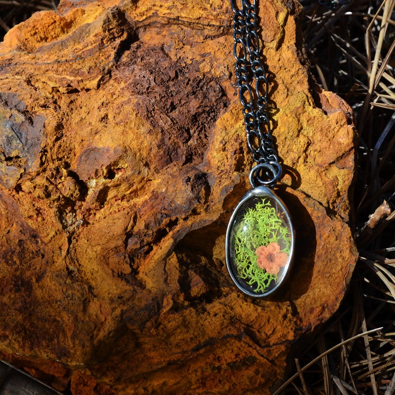 Cottagecore Jewelry, Moss with Flower Pendant Necklace for Women, Handmade by Louisiana Artisans at Bayou Glass Arts in USA