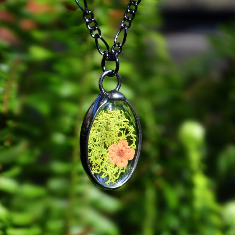 Cottagecore Jewelry, Moss with Orange Flower Pendant Necklace for Women, Handmade by Louisiana Artisans at Bayou Glass Arts in USA
