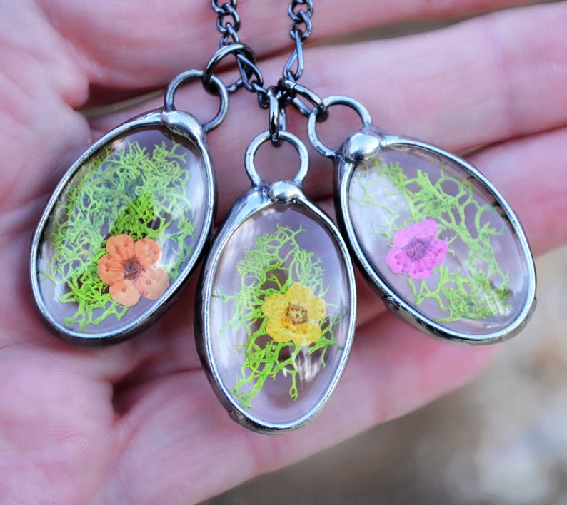 3 cottagecore green moss pendants with tiny flower, yellow, orange or pink