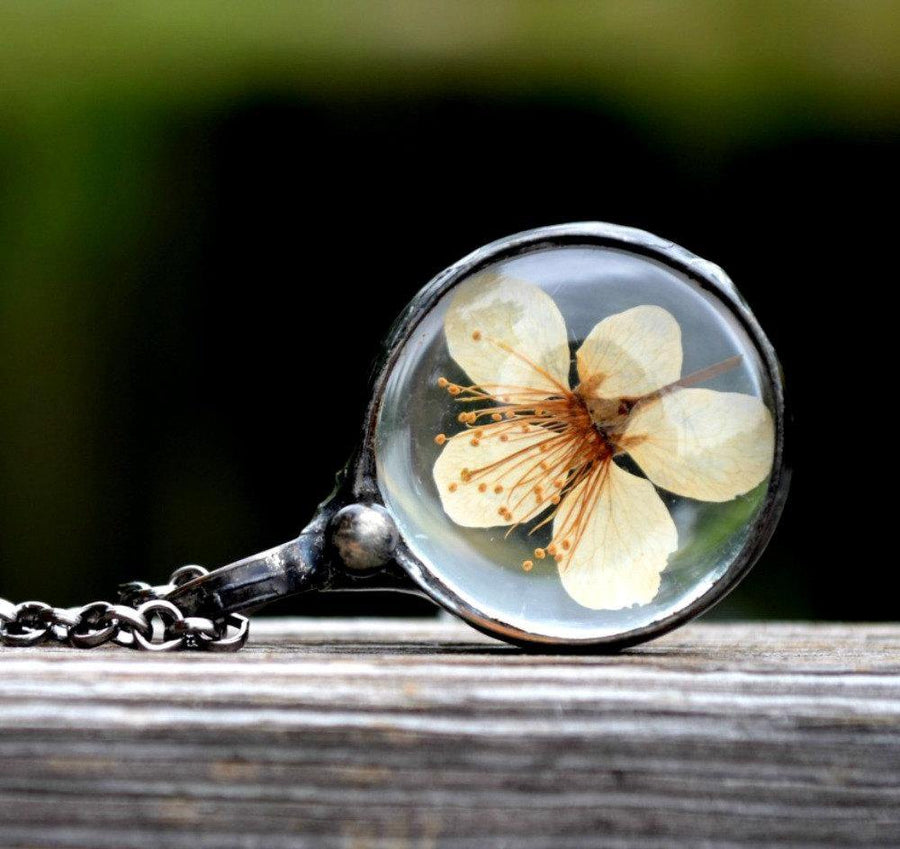 Real_Pressed_Pear_Blossom_Necklace_in_Glass Real Pressed Flower Necklaces Truly Hand Made in USA by Louisiana Artisans at Bayou Glass Arts