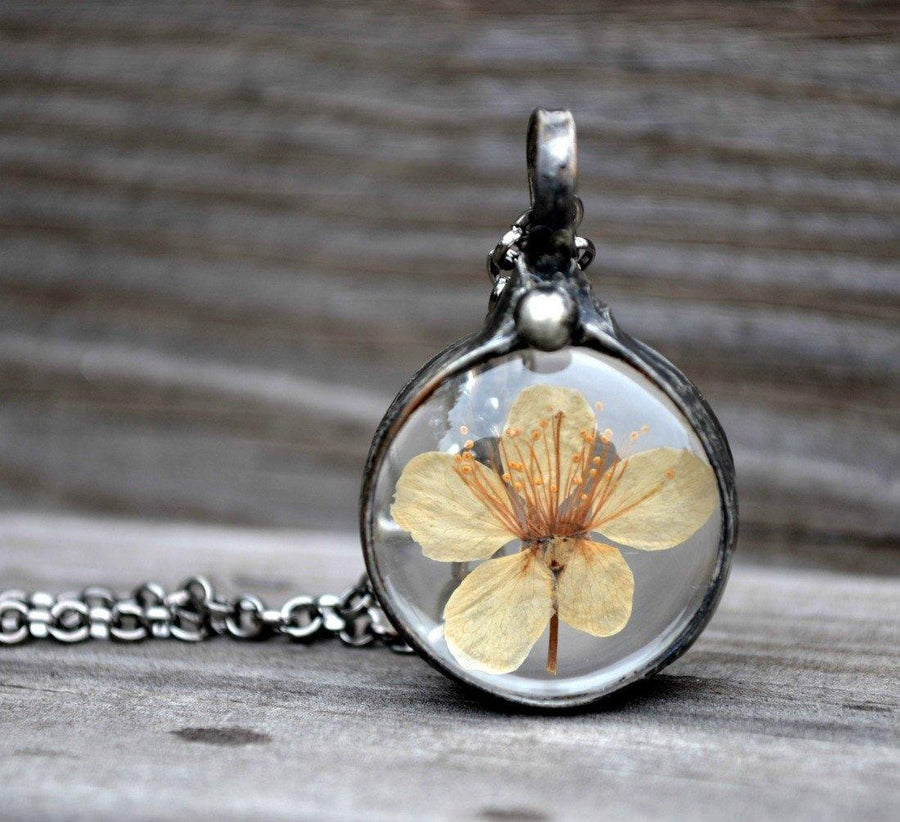 Plum_Blossom_Necklace_for_Mother's_Day Pressed Flower Jewelry Terrarium Pendant Truly Hand Made in USA by Louisiana artisans at Bayou Glass Arts Studio.