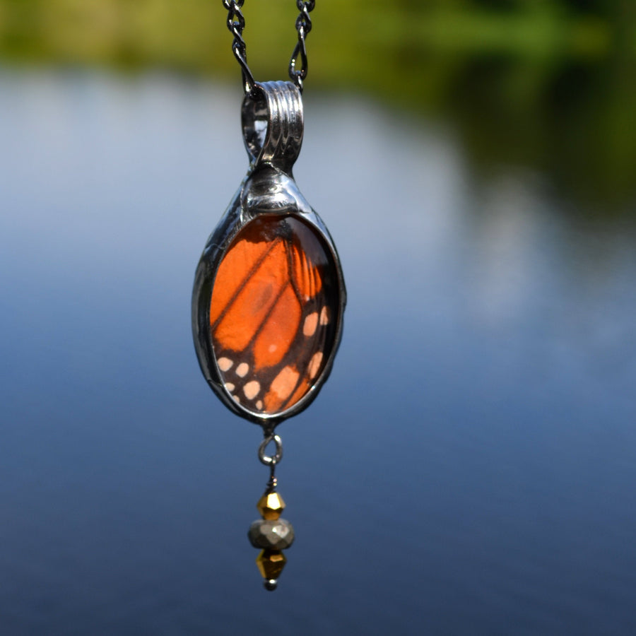 Handmade_Real_Butterfly_Wing_Necklace_with_Beads_in_orange_and_black