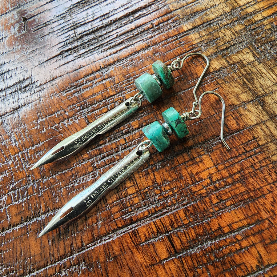 Real Turquoise beads atop new old antique pen nibs with sterling silver ear wires. Hand Made in USA by Louisiana Artisan at Bayou Glass Arts Studio. 