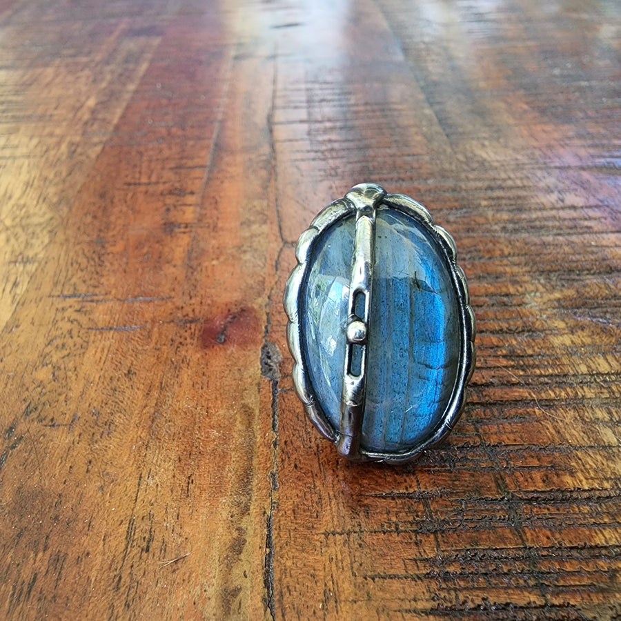 Large Bright Blue Labradorite Ring Sz 6