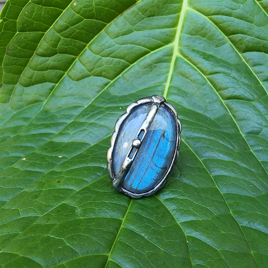 Large Bright Blue Labradorite Ring Sz 6