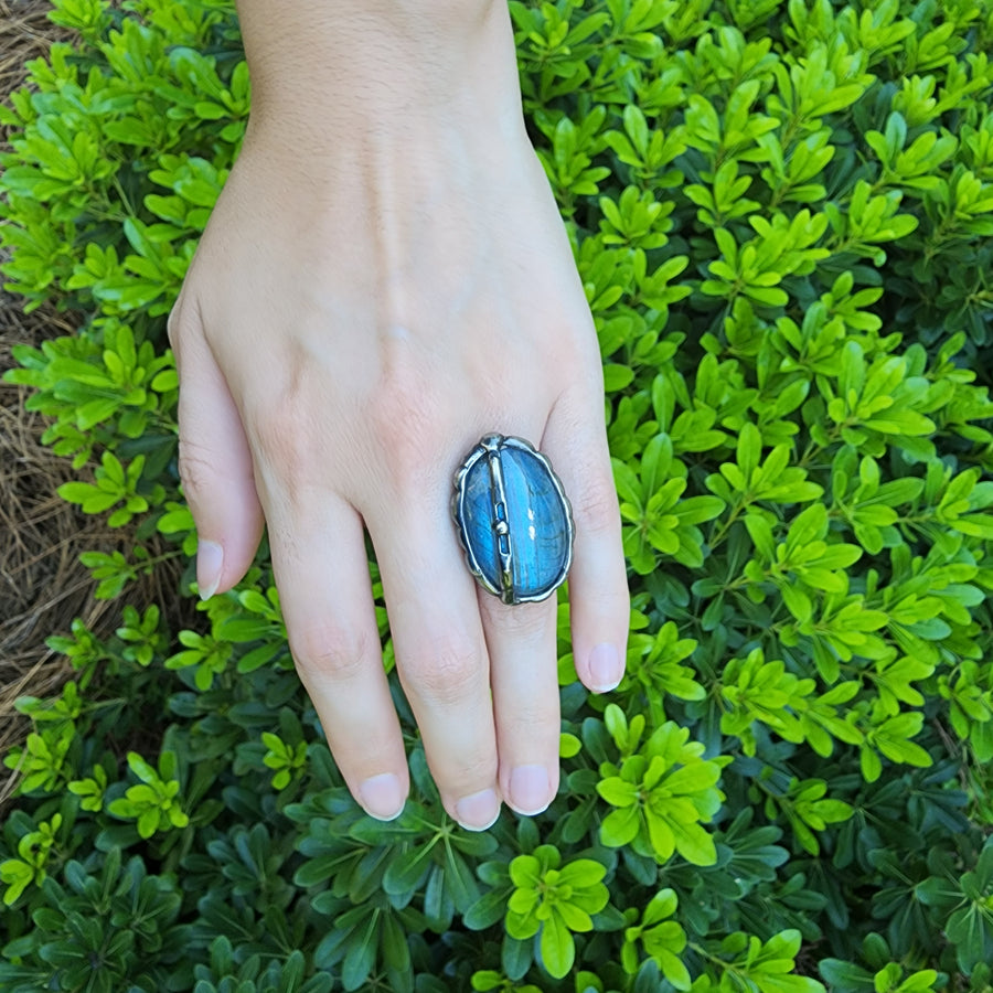 Large Bright Blue Labradorite Ring Sz 6