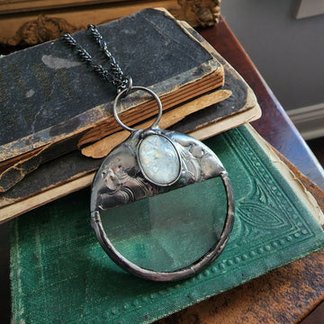 Magnifying Glass Necklace, White Opal Glass - SOLD