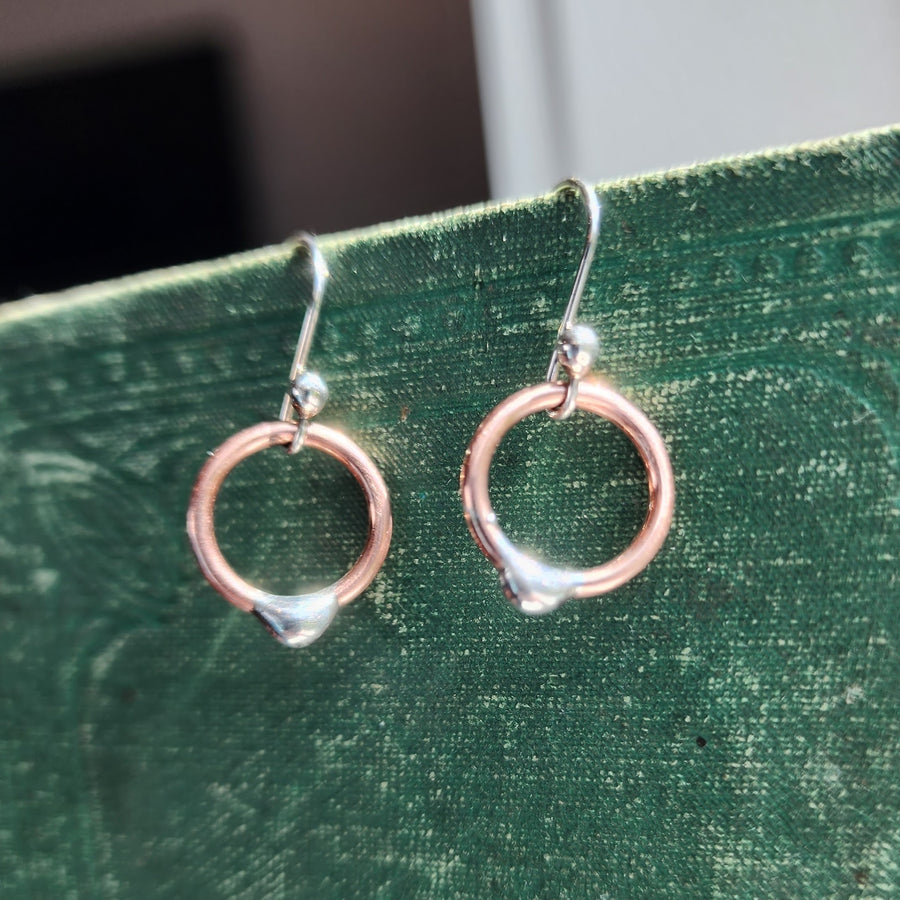 Handmade Small Copper Open Hoop Earrings with .925 Sterling Silver ear wires. Truly hand made in USA by Louisiana artisan at Bayou Glass Arts studio.