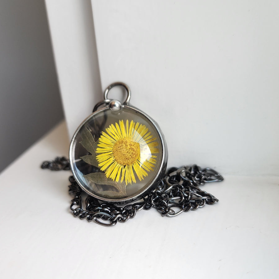 Yellow Aster with Fern Pendant Necklace