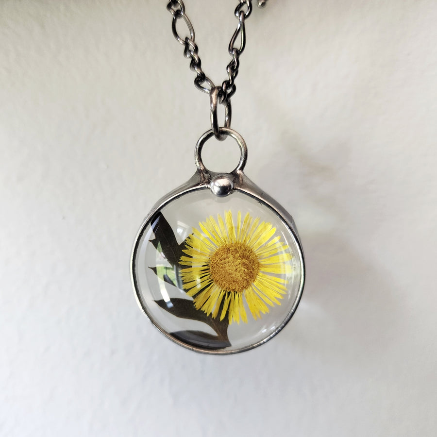 Yellow Aster with Fern Pendant Necklace