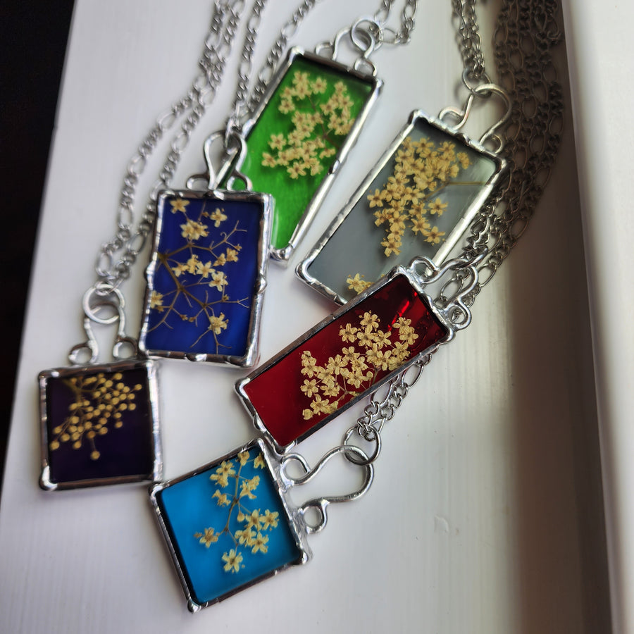 Stained Glass Pressed Flower Pendant Necklace with Real Dried Yarrow