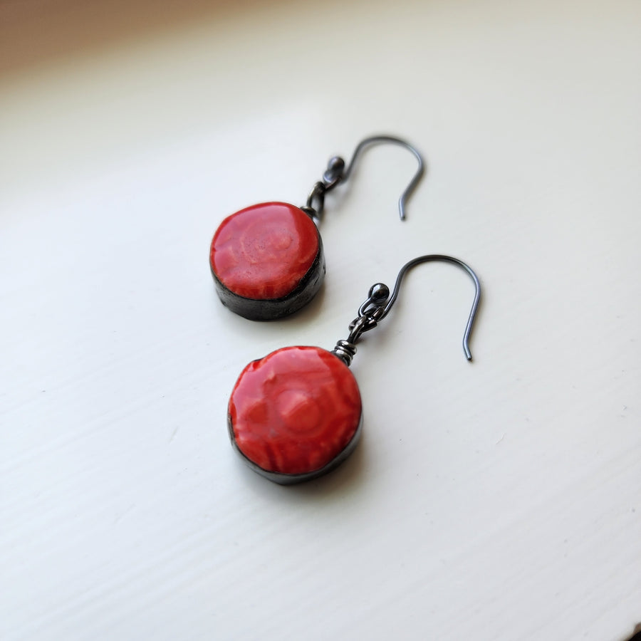 Cherry Red Ceramic Drop Earrings with Hand Formed Sterling Ear Wires