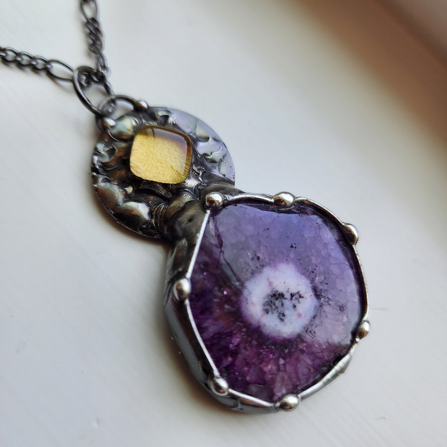 Purple Druzy with Gold Inset Pendant Necklace