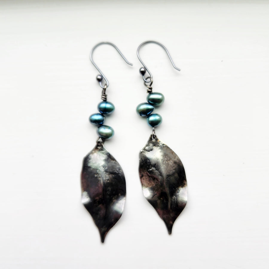 Fresh Water Pearls with Dark Silver Leaf Earrings