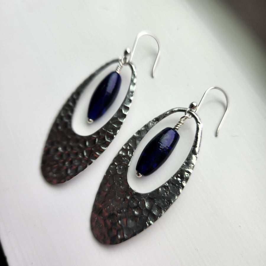 Large Oval with Vintage Blue Bead Earrings