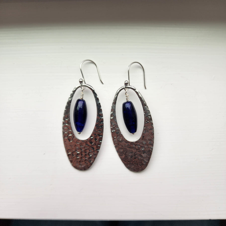 Large Oval with Vintage Blue Bead Earrings