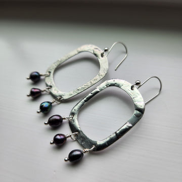 Organic Square with Black Fresh Water Pearl Earrings