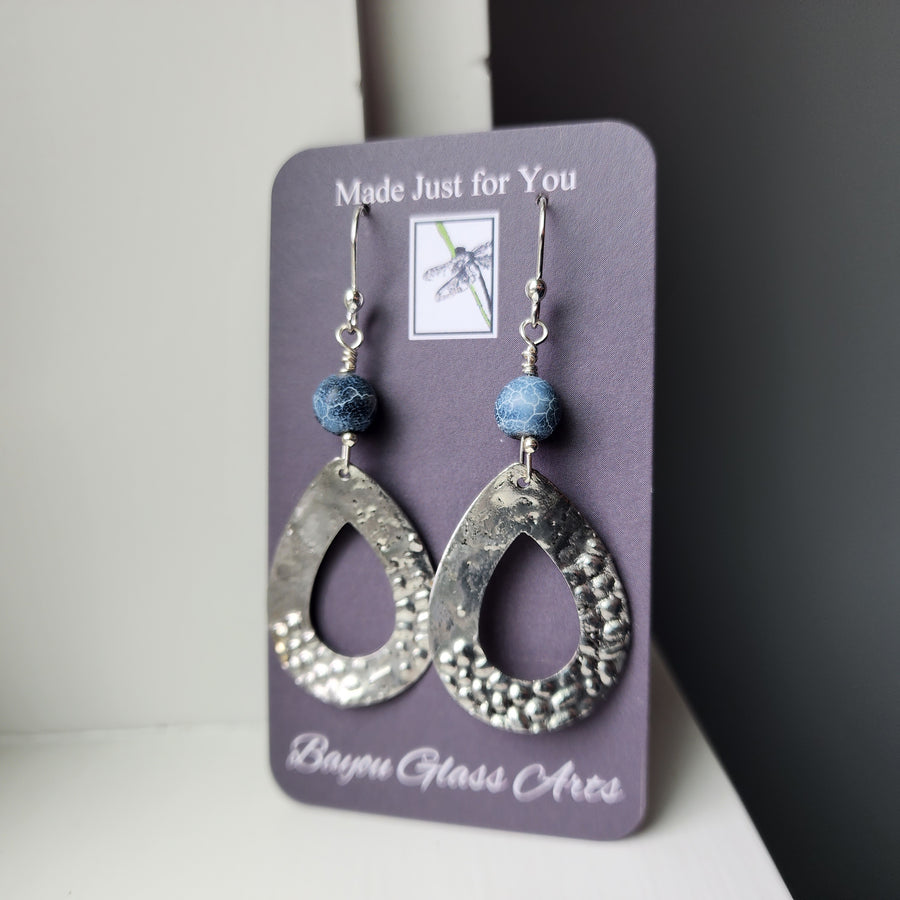 Textured Tear with Matte Blue Bead Earrings