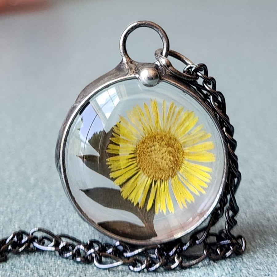 Yellow Aster with Fern Pendant Necklace